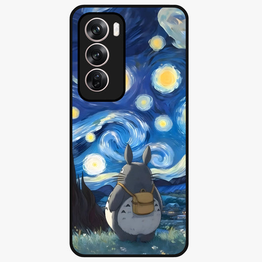 Totoro In Van Gogh Art Glass Case showing flat back view with whimsical character artwork inspired by Van Gogh style and glossy glass finish.