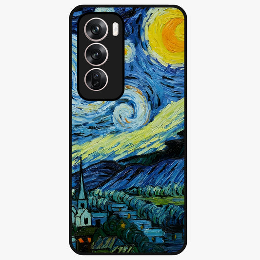 Van Gogh Art Glass Case showing flat back view with classic painterly artwork inspired by Van Gogh style and glossy glass finish.