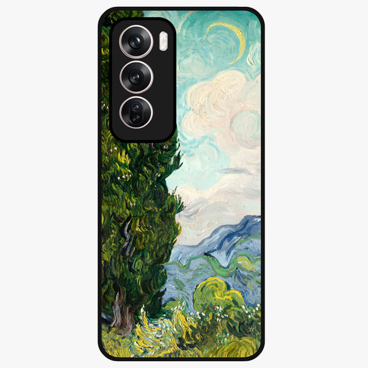 Van Gogh Vintage Art Glass Case showing flat back view with vintage painterly artwork inspired by Van Gogh style and glossy glass finish.