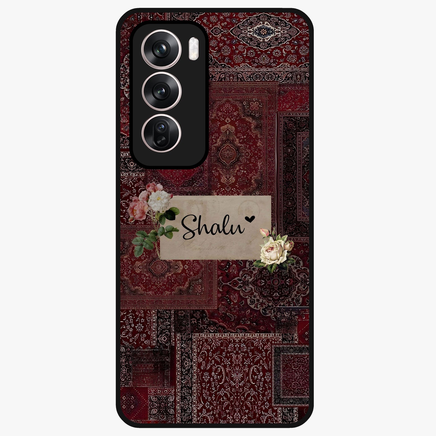 Velvet Wine Pattern Custom Name Glass Case showing flat back view with elegant wine colored pattern artwork and personalized name design.