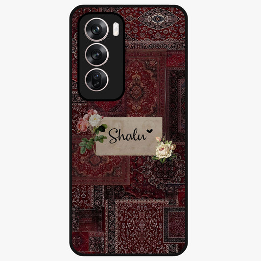 Velvet Wine Pattern Custom Name Glass Case showing flat back view with elegant wine colored pattern artwork and personalized name design.