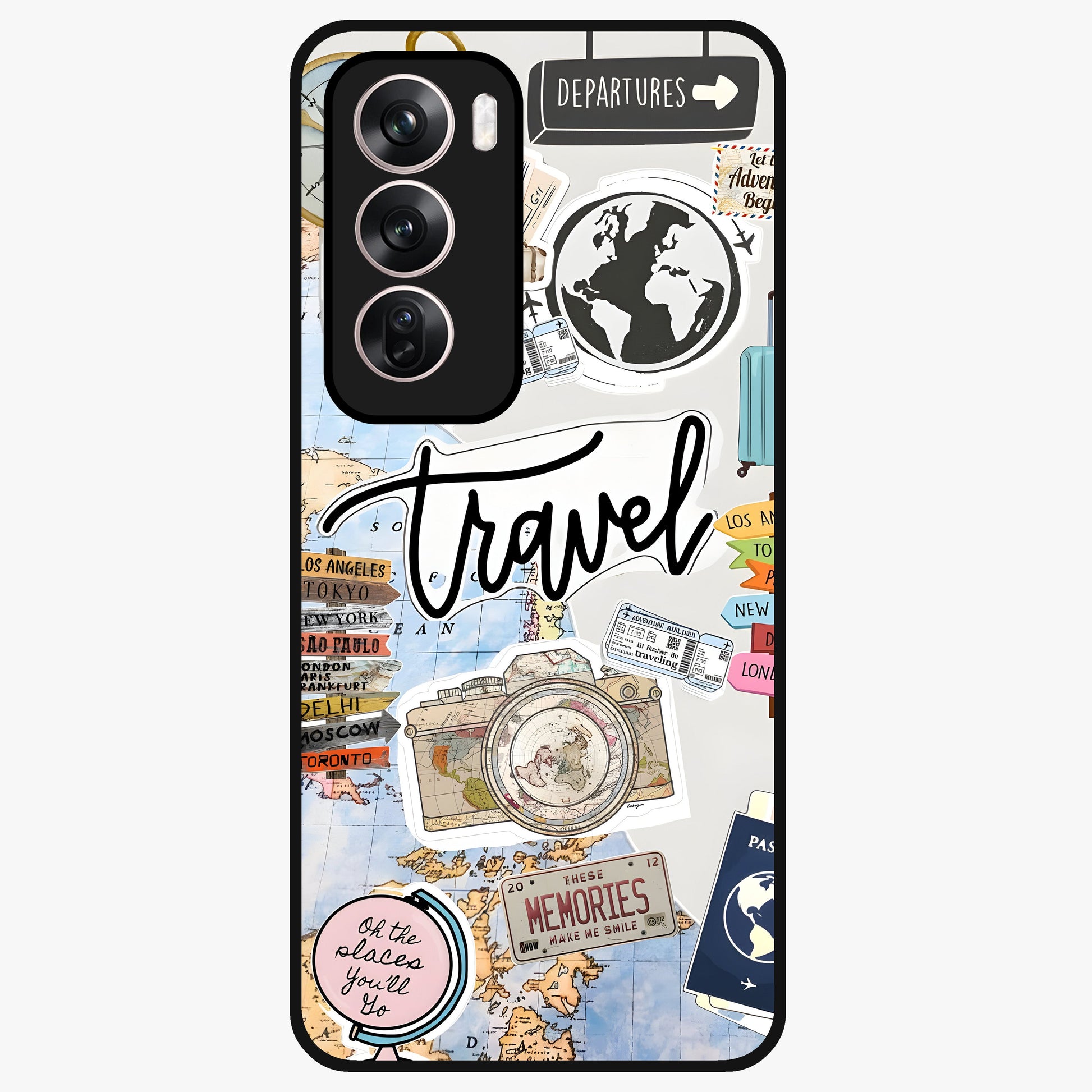 Wanderlust Journal Glass Case showing flat back view with travel inspired artwork and glossy glass finish.
