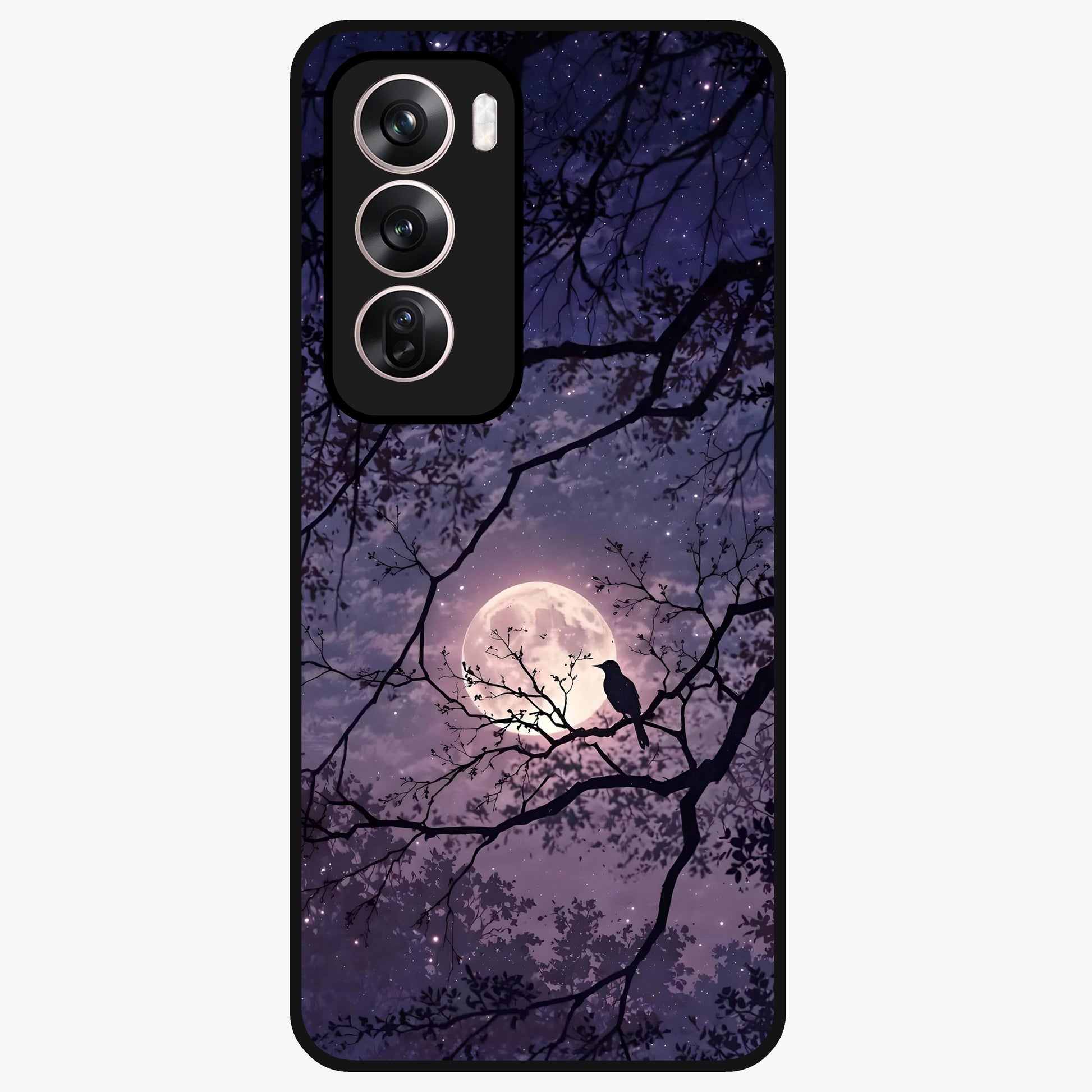 Whispering Moon Silence Glass Case showing flat back view with serene moon themed artwork and glossy glass finish.