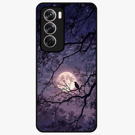 Whispering Moon Silence Glass Case showing flat back view with serene moon themed artwork and glossy glass finish.