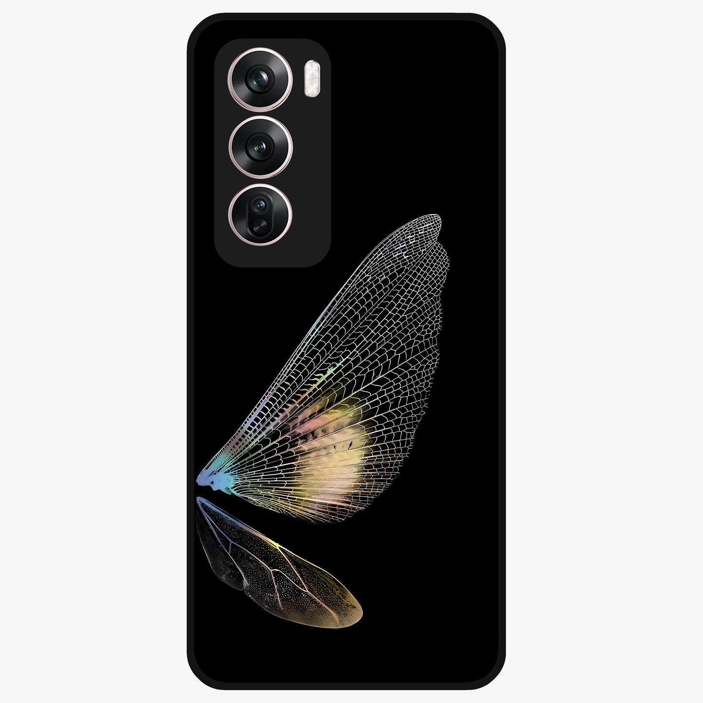 Whispers Of Wings Glass Case showing flat back view with graceful wing inspired artwork and glossy glass finish.