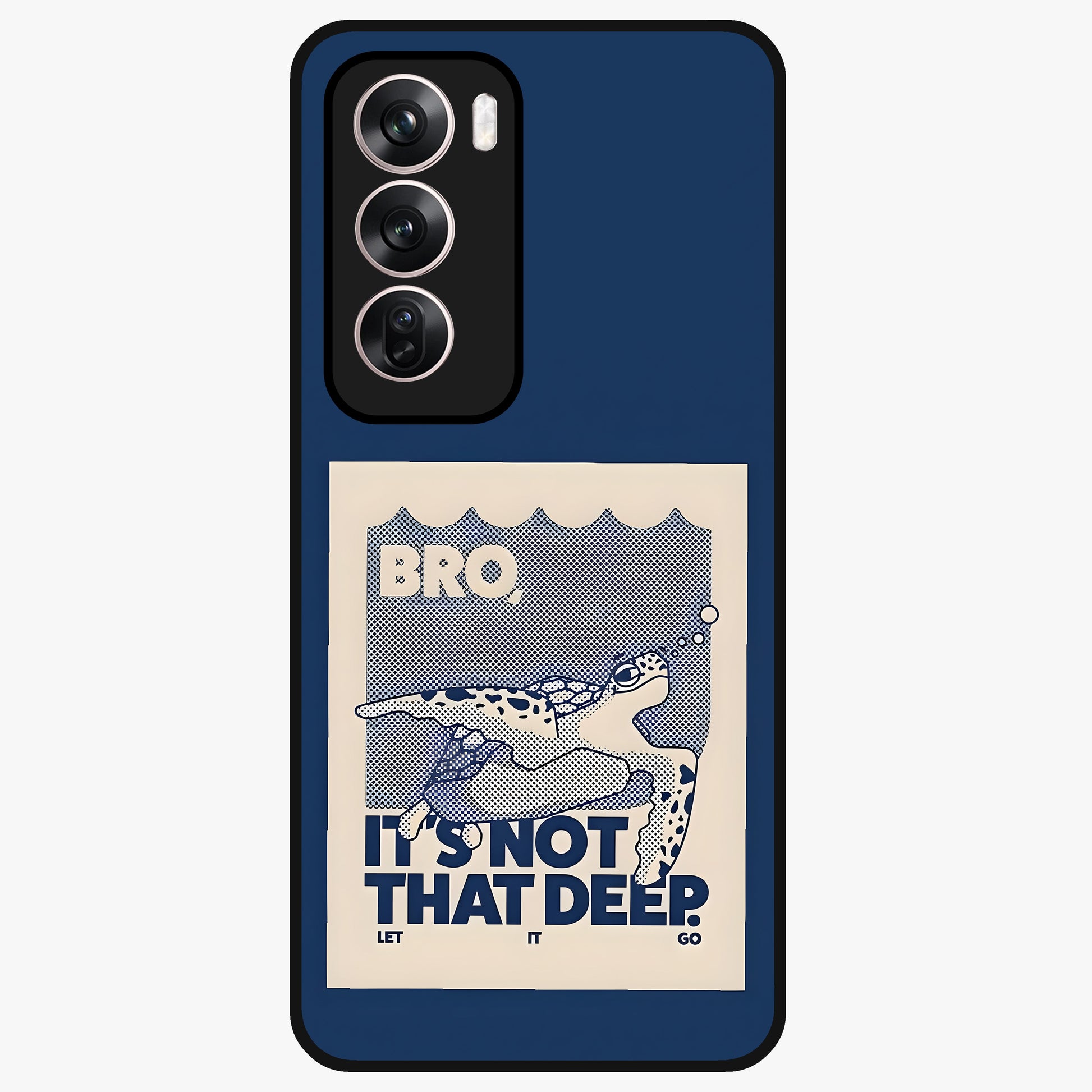 Worry Less Swim Glass Case showing flat back view with playful motivational artwork and glossy glass finish.