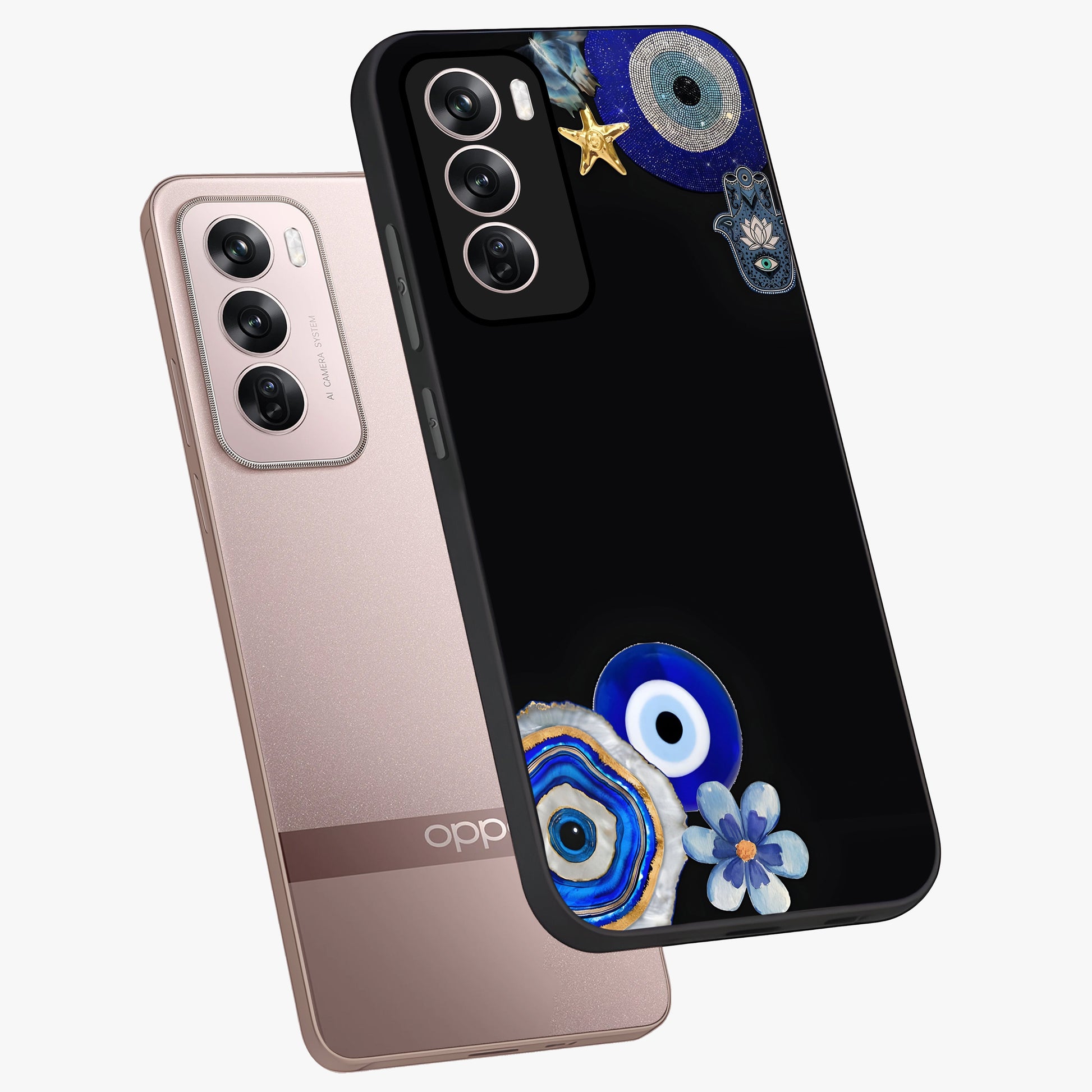 Aesthetic Blue Evil Eye Glass Case displayed in angled mockup highlighting blue evil eye symbol and spiritual aesthetic design.