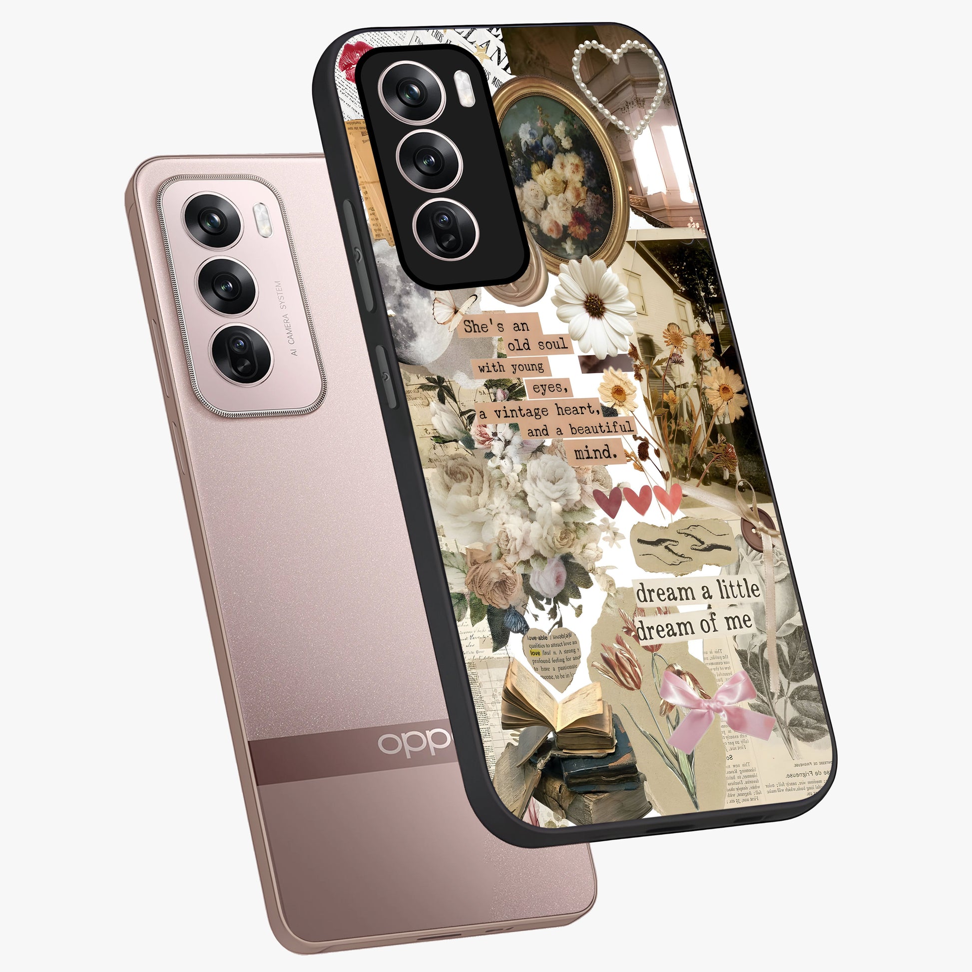 Aesthetic Brown Vintage Collage Glass Case displayed in angled mockup highlighting vintage aesthetic collage design.