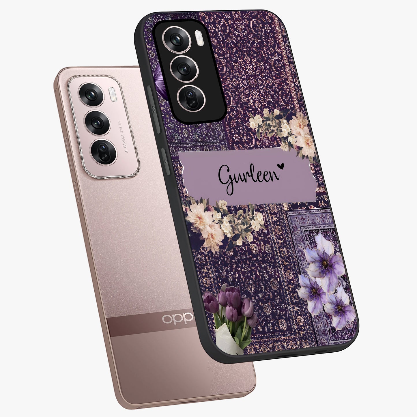 Antique Floral Whisper Custom Name Glass Case displayed in angled mockup highlighting elegant antique floral aesthetic.