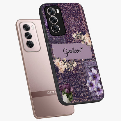 Antique Floral Whisper Custom Name Glass Case displayed in angled mockup highlighting elegant antique floral aesthetic.