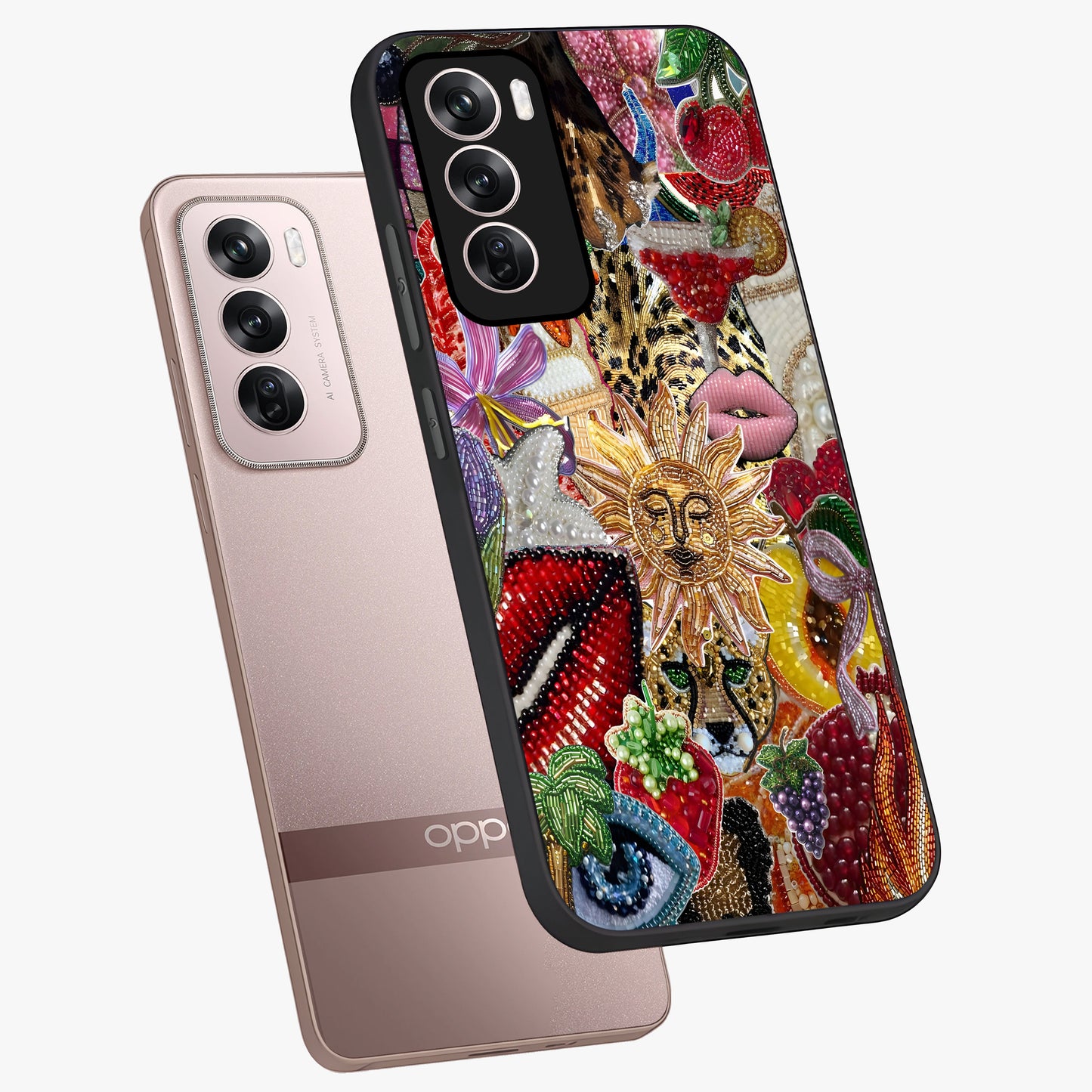 Beaded Fashion Jungle Glass Case displayed in angled mockup highlighting colorful fashion bead design and artistic pattern.