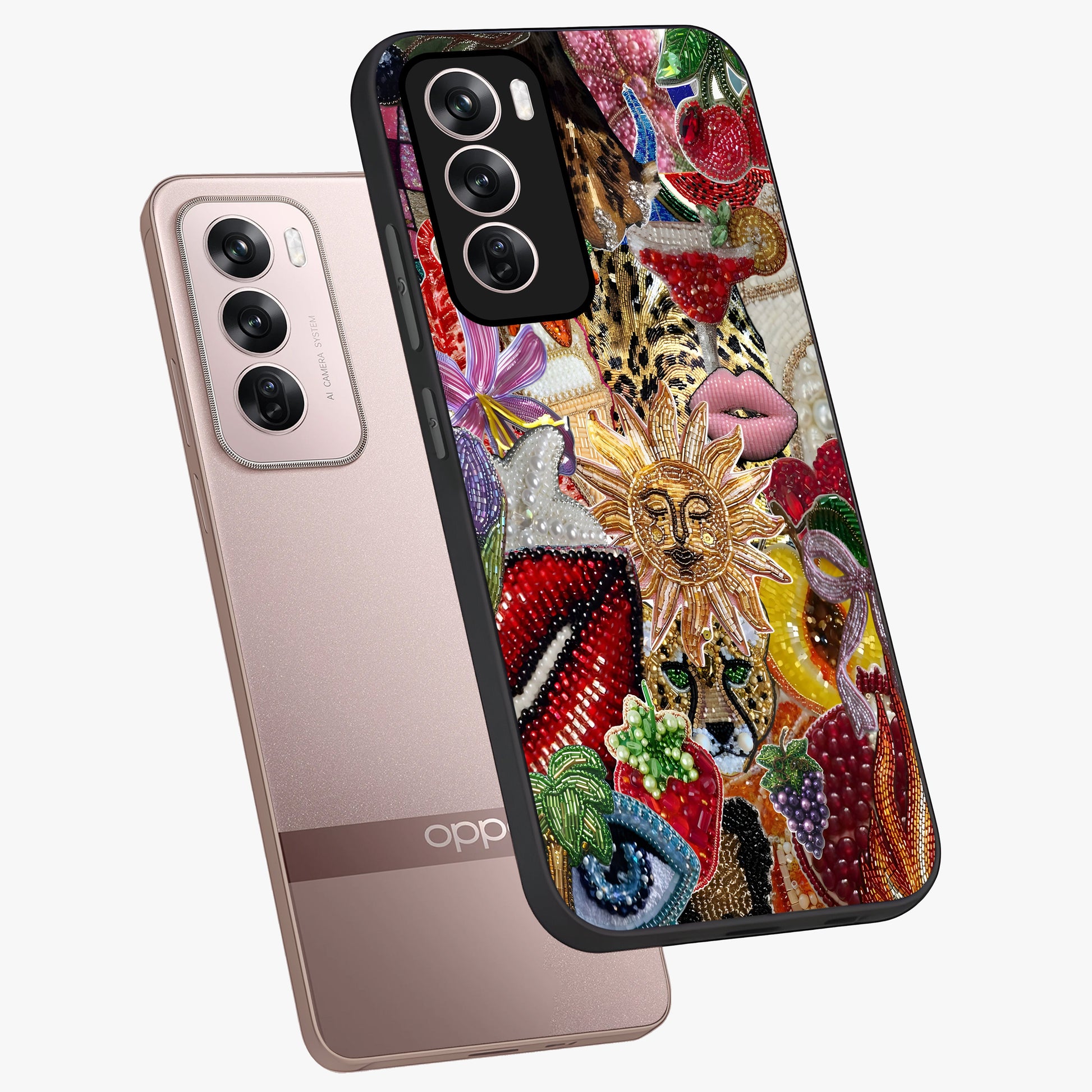 Beaded Fashion Jungle Glass Case displayed in angled mockup highlighting colorful fashion bead design and artistic pattern.