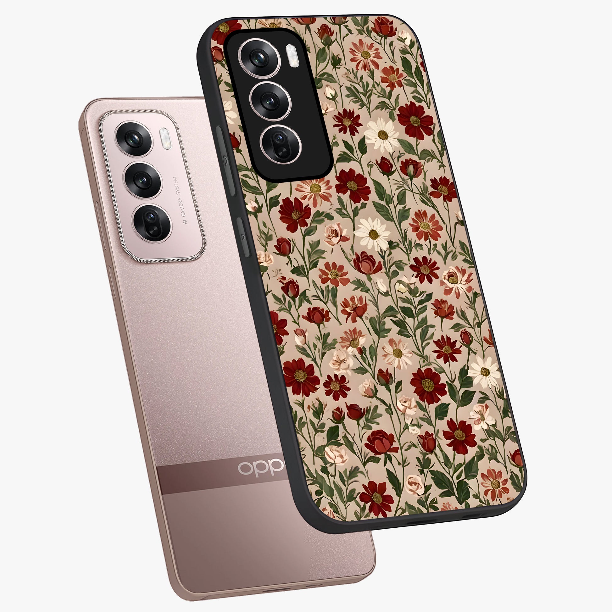 Biege Flower With Leaf Glass Case displayed in angled mockup highlighting minimal floral leaf design and elegant aesthetic.