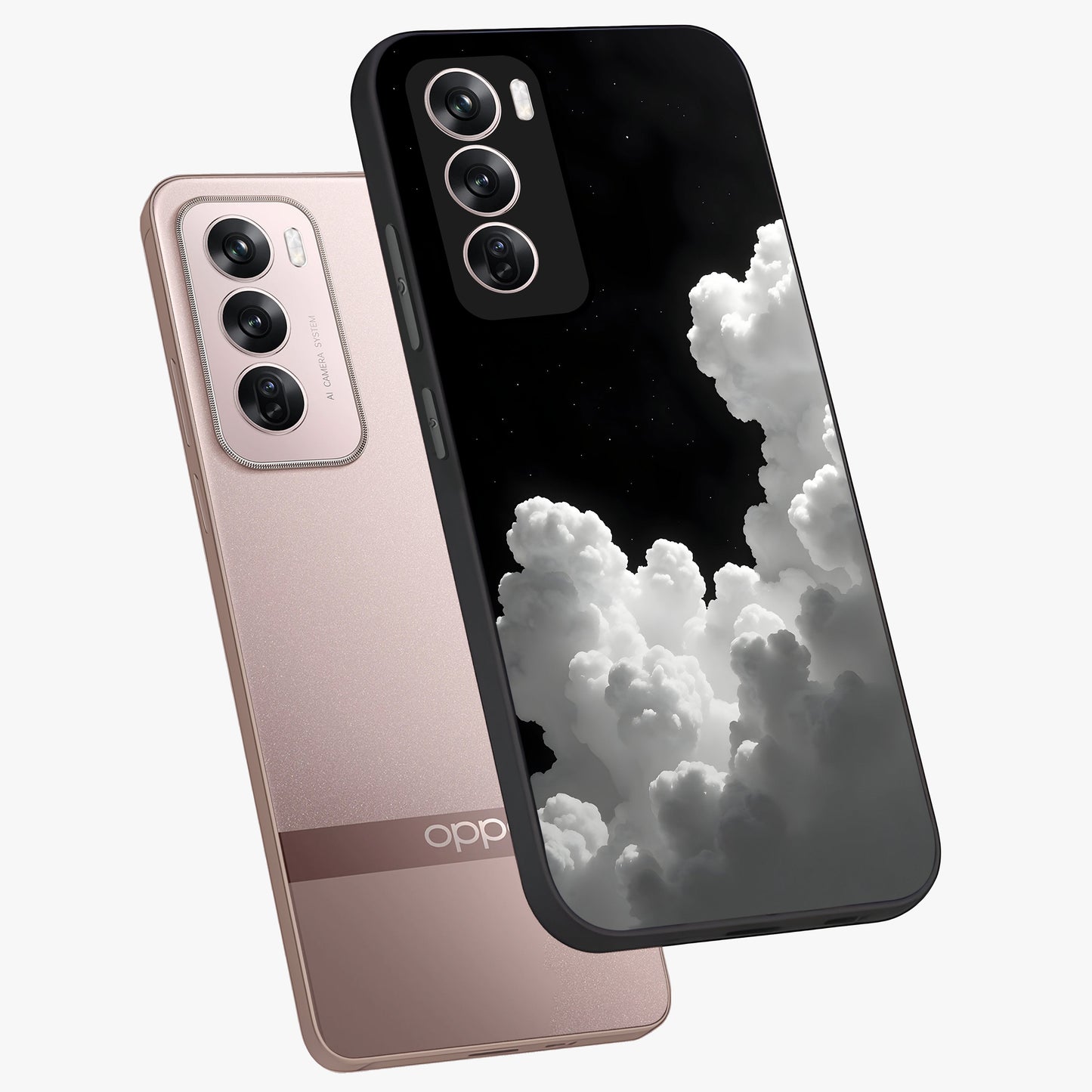 Black Background With White Cloud Glass Case displayed in angled mockup highlighting soft white cloud illustration and minimal design.