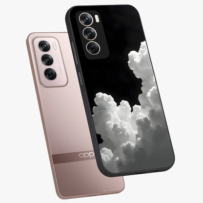 Black Background With White Cloud Glass Case displayed in angled mockup highlighting soft white cloud illustration and minimal design.
