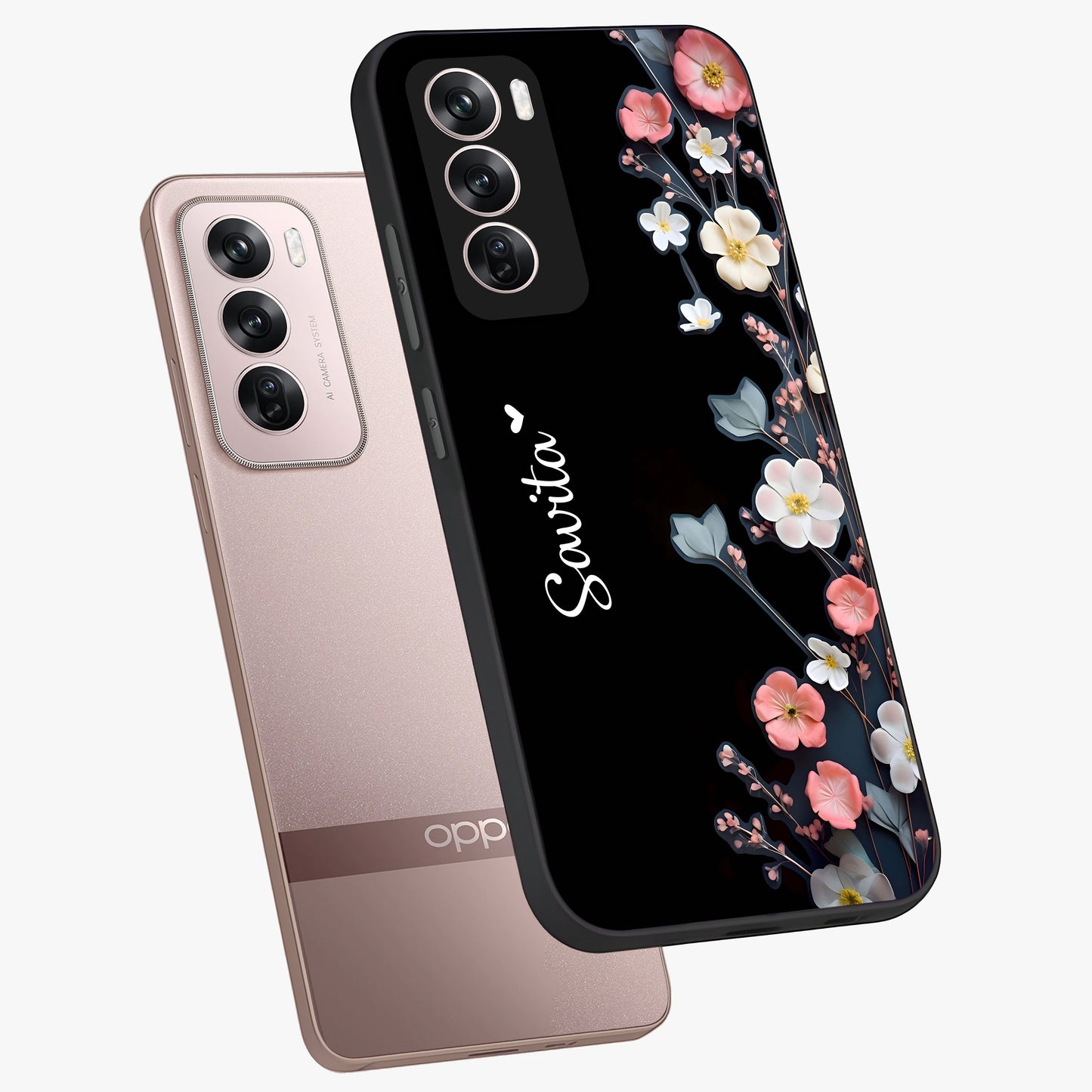 Black Elegance Floral Custom Name Glass Case displayed in angled mockup highlighting dark floral aesthetic and custom name feature.