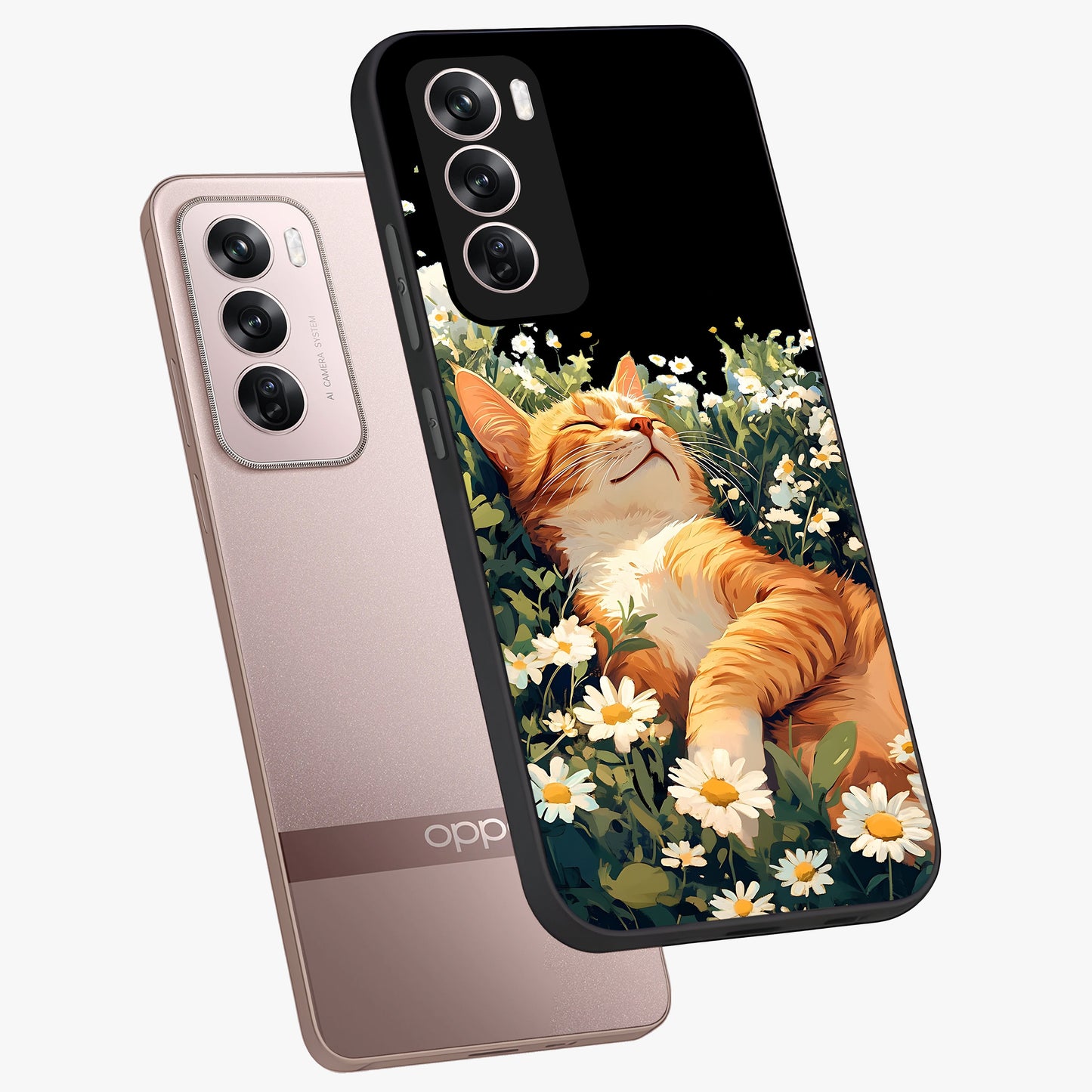 Blissful Bloom Cat Glass Case displayed in angled mockup highlighting playful feline illustration with soft floral aesthetic.