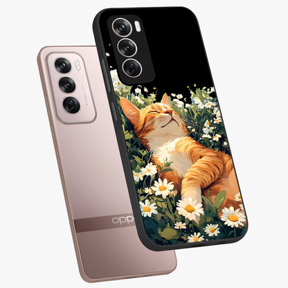 Blissful Bloom Cat Glass Case displayed in angled mockup highlighting playful feline illustration with soft floral aesthetic.