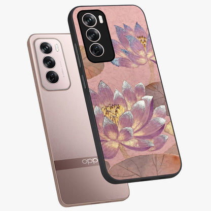 Blossom Mist Lotus Glass Case displayed in angled mockup highlighting delicate lotus illustration with calm aesthetic theme.