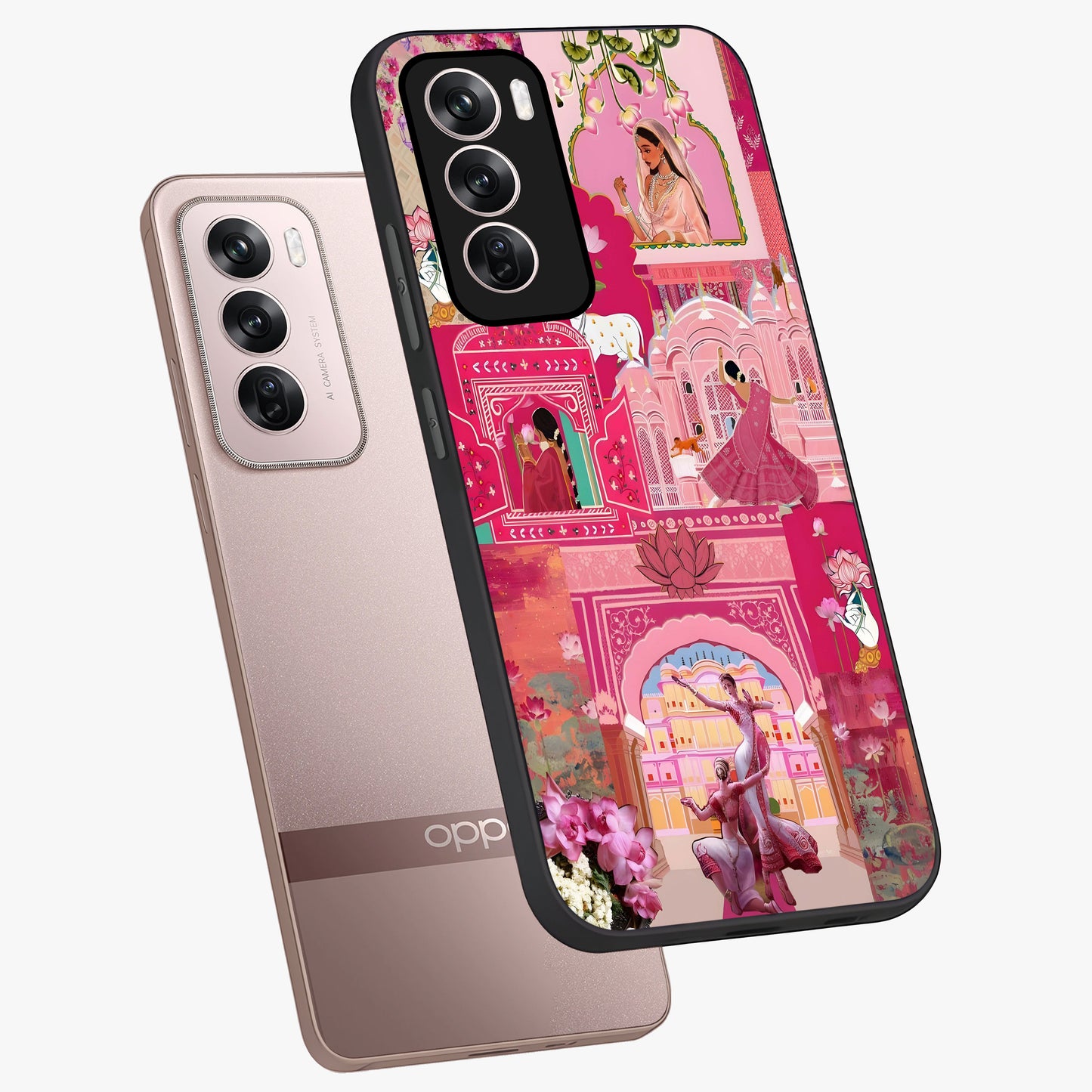 Blossoms of Rajasthan Glass Case displayed in angled mockup highlighting vibrant floral pattern with cultural aesthetic style.
