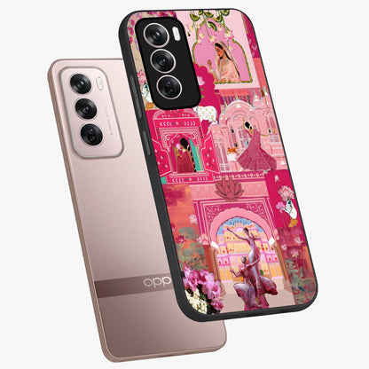Blossoms of Rajasthan Glass Case displayed in angled mockup highlighting vibrant floral pattern with cultural aesthetic style.