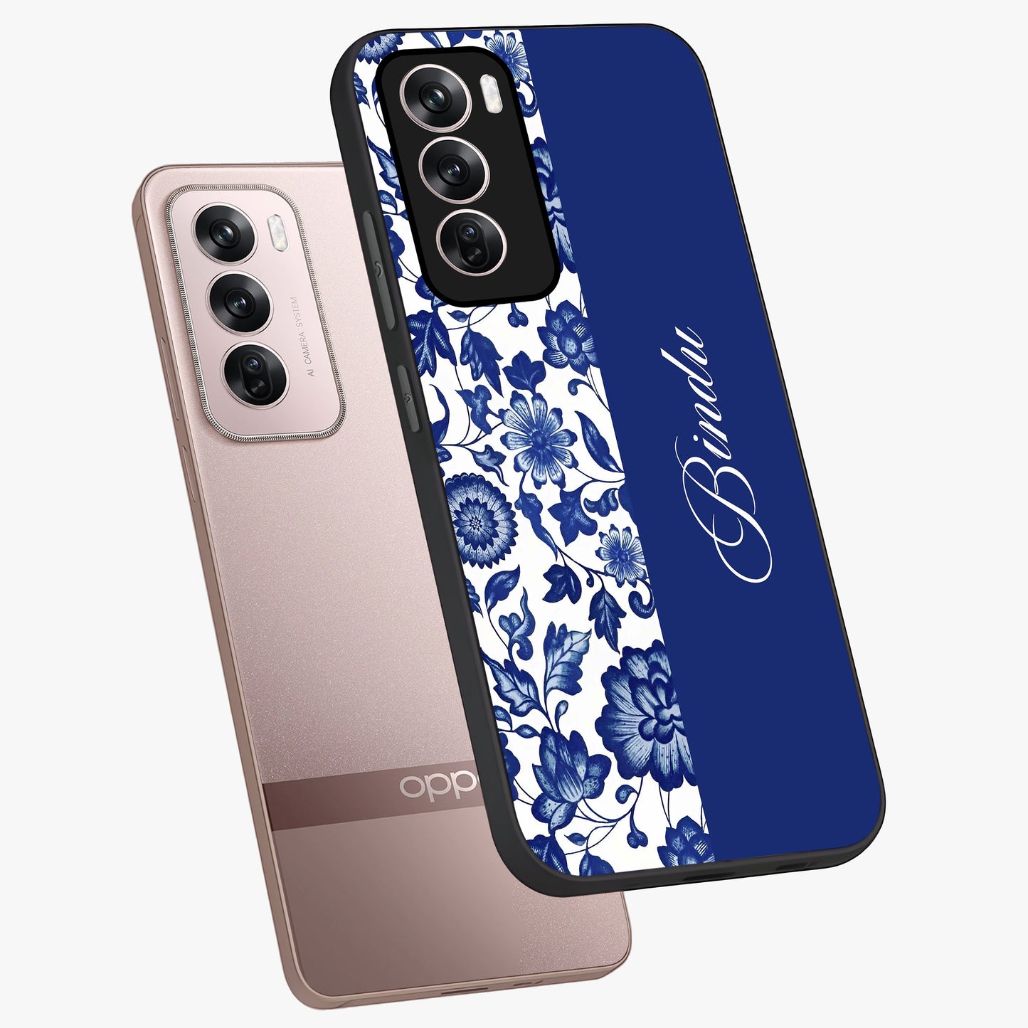 Blue Vintage Floral Pattern Glass Case displayed in angled mockup highlighting subtle bloom pattern with aesthetic pastel design.