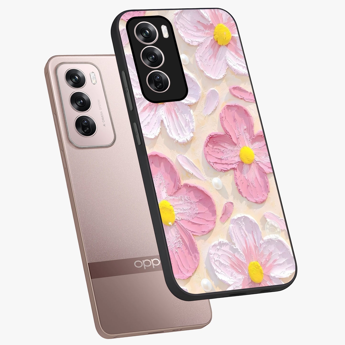Blush Bloom Texture Glass Case displayed in angled mockup highlighting subtle bloom pattern with aesthetic pastel design.