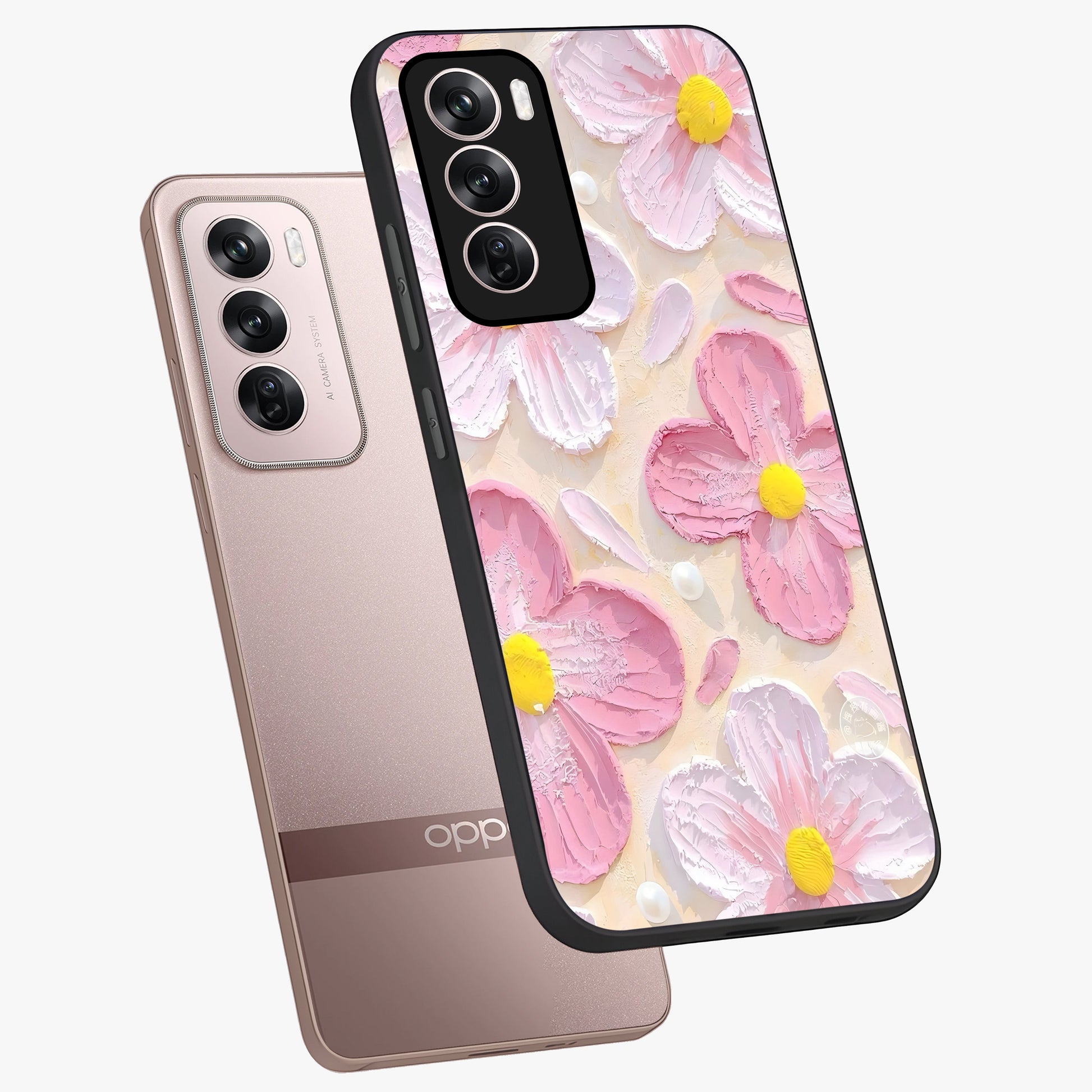 Blush Bloom Texture Glass Case displayed in angled mockup highlighting subtle bloom pattern with aesthetic pastel design.