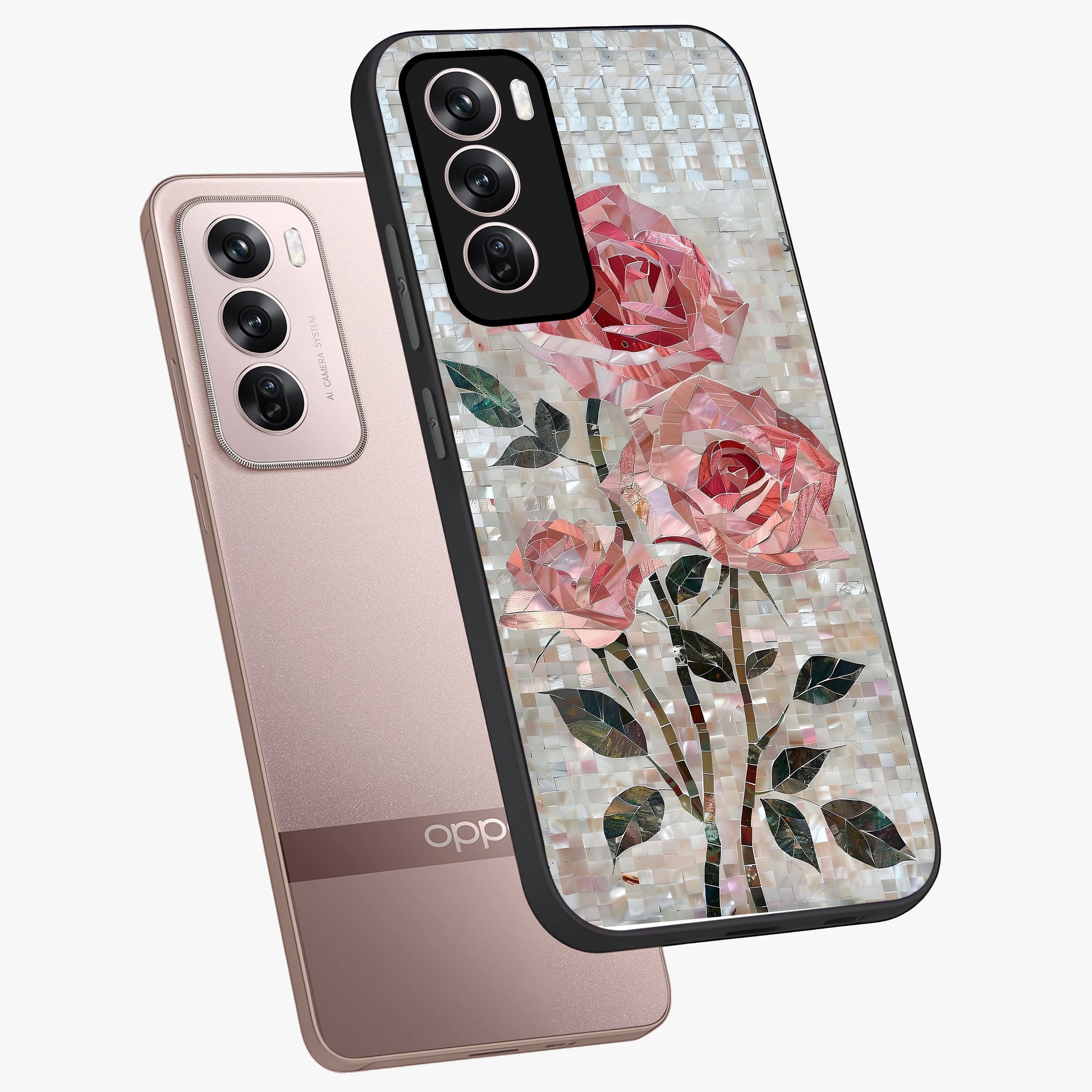 Blush Mosaic Bloom Glass Case displayed in angled mockup highlighting artistic mosaic flower pattern with aesthetic design.