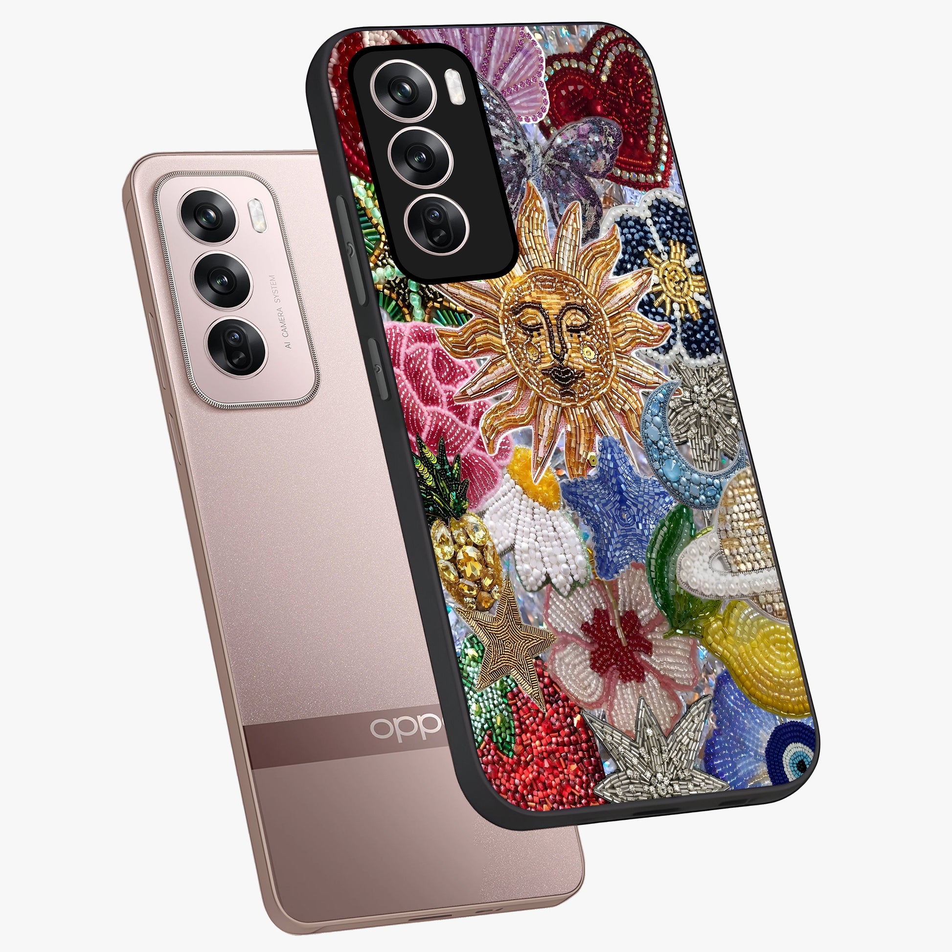 Celestial Floral and Playful Glass Case displayed in angled mockup highlighting playful floral design with dreamy celestial elements.