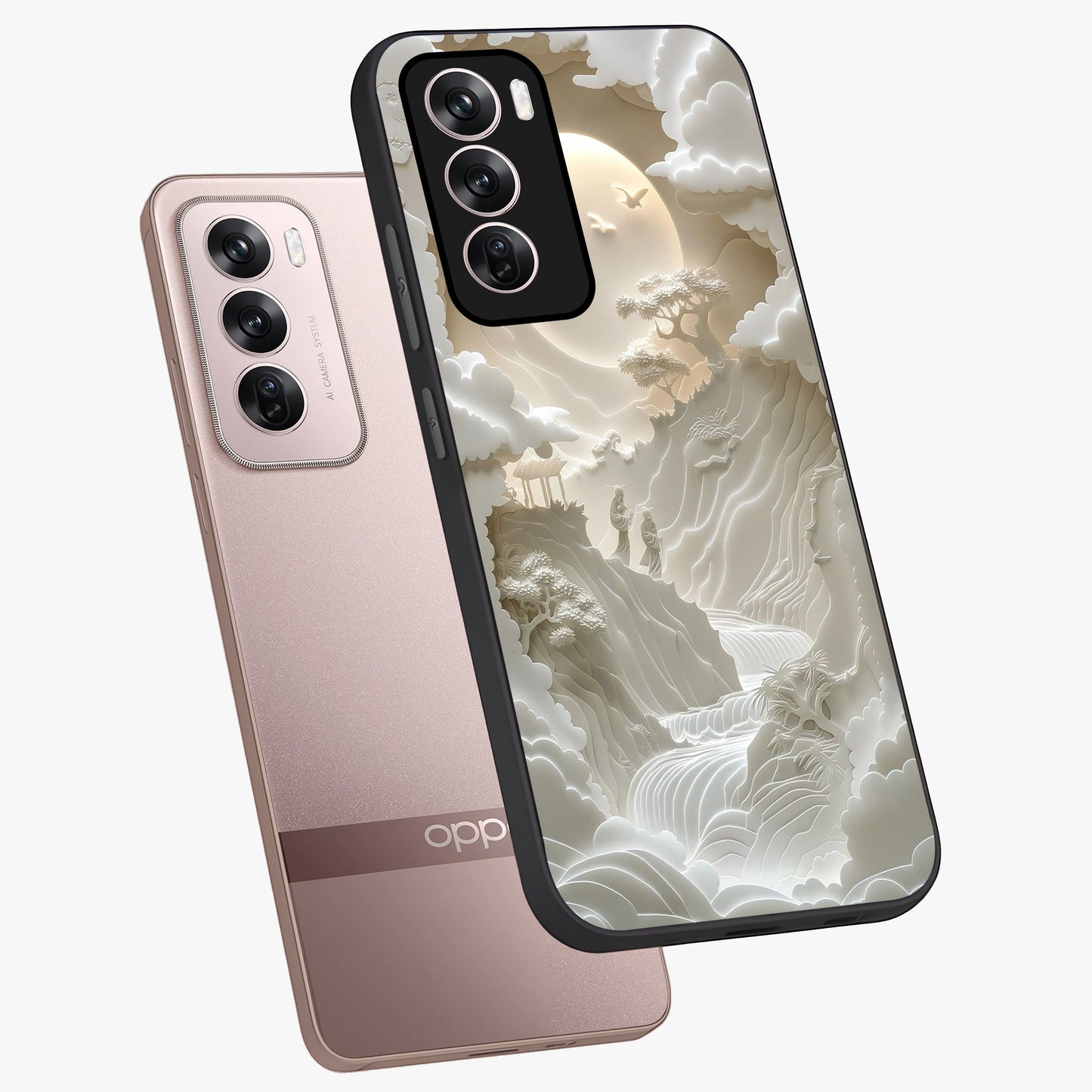 Celestial Origami Glass Case displayed in angled mockup highlighting geometric origami design with cosmic aesthetic theme.