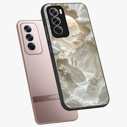 Celestial Origami Glass Case displayed in angled mockup highlighting geometric origami design with cosmic aesthetic theme.