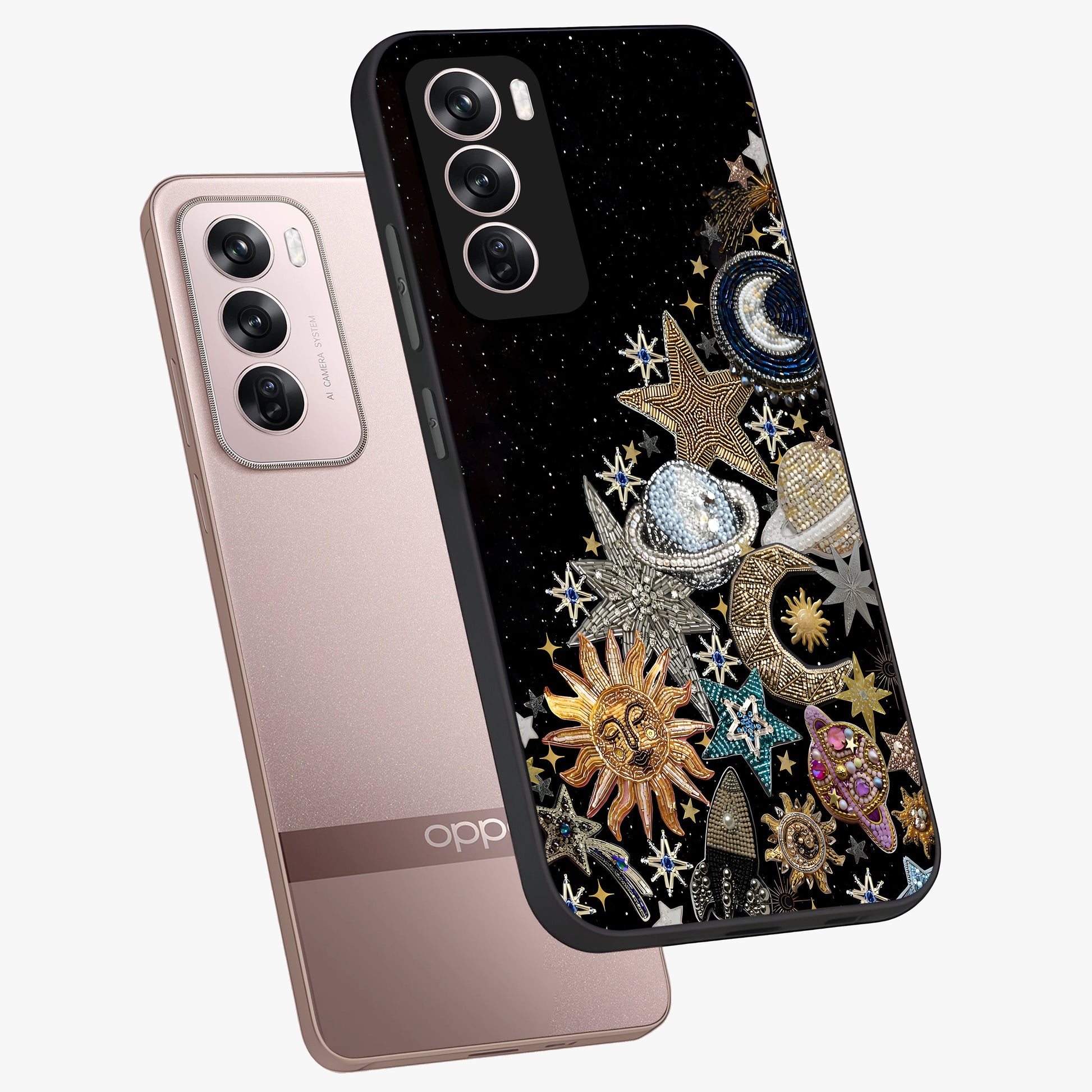 Cosmic Sparkle Dreams Glass Case displayed in angled mockup highlighting dreamy star sparkle design with celestial aesthetic.