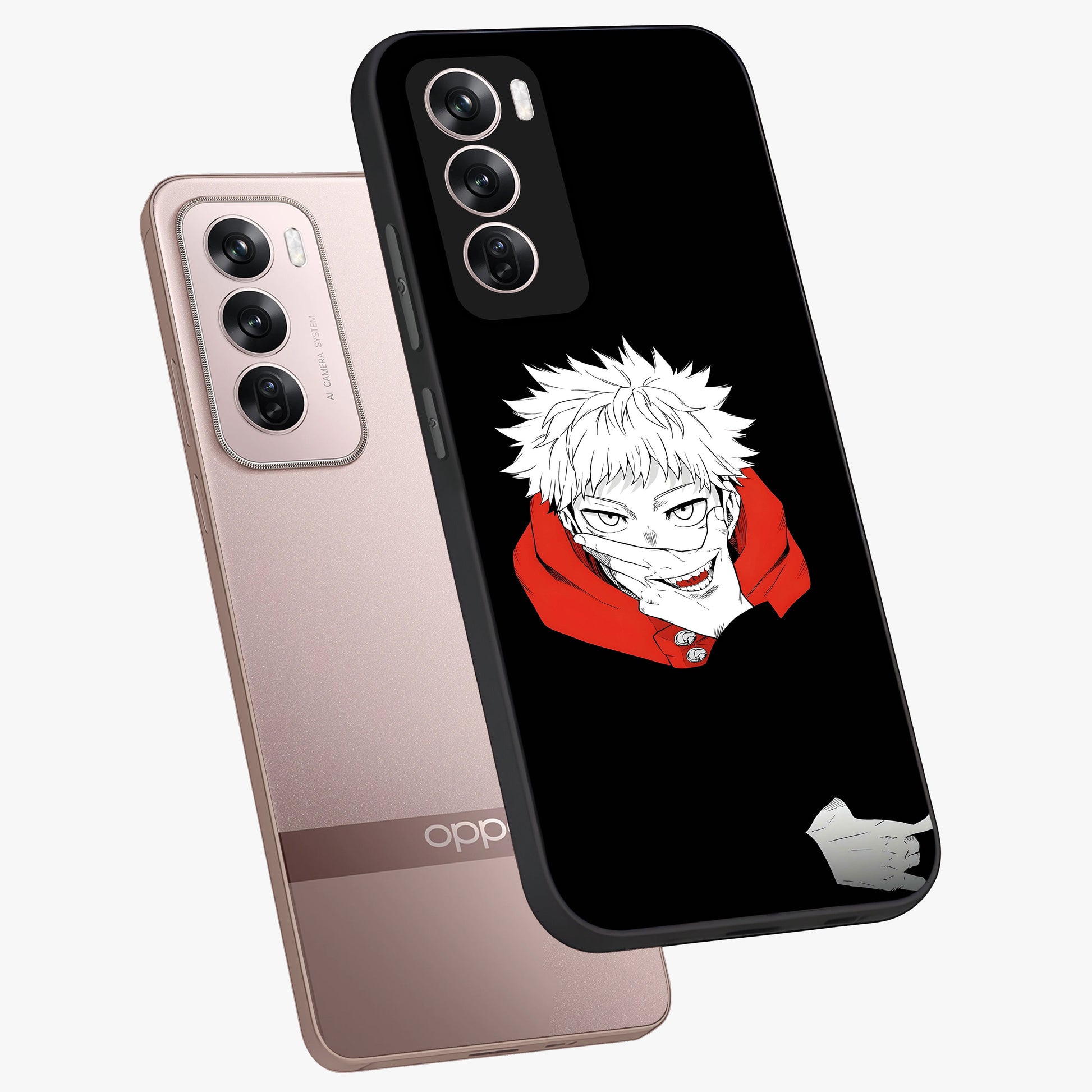 Crimson Chaos Smile Glass Case displayed in angled mockup highlighting edgy crimson smile design with graphic aesthetic.