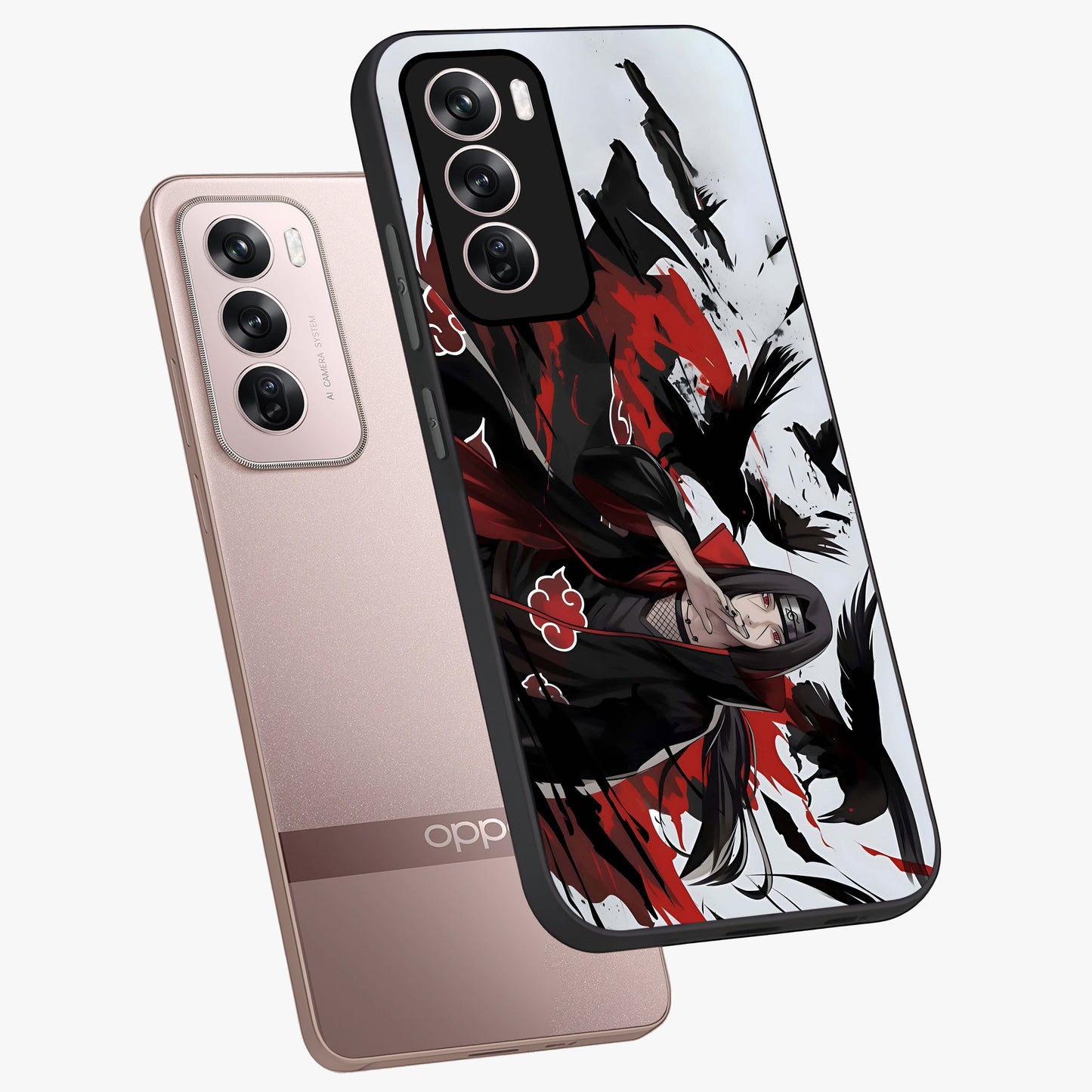 Crimson Crow Illusion Glass Case displayed in angled mockup highlighting mysterious crow graphic with dark aesthetic style.