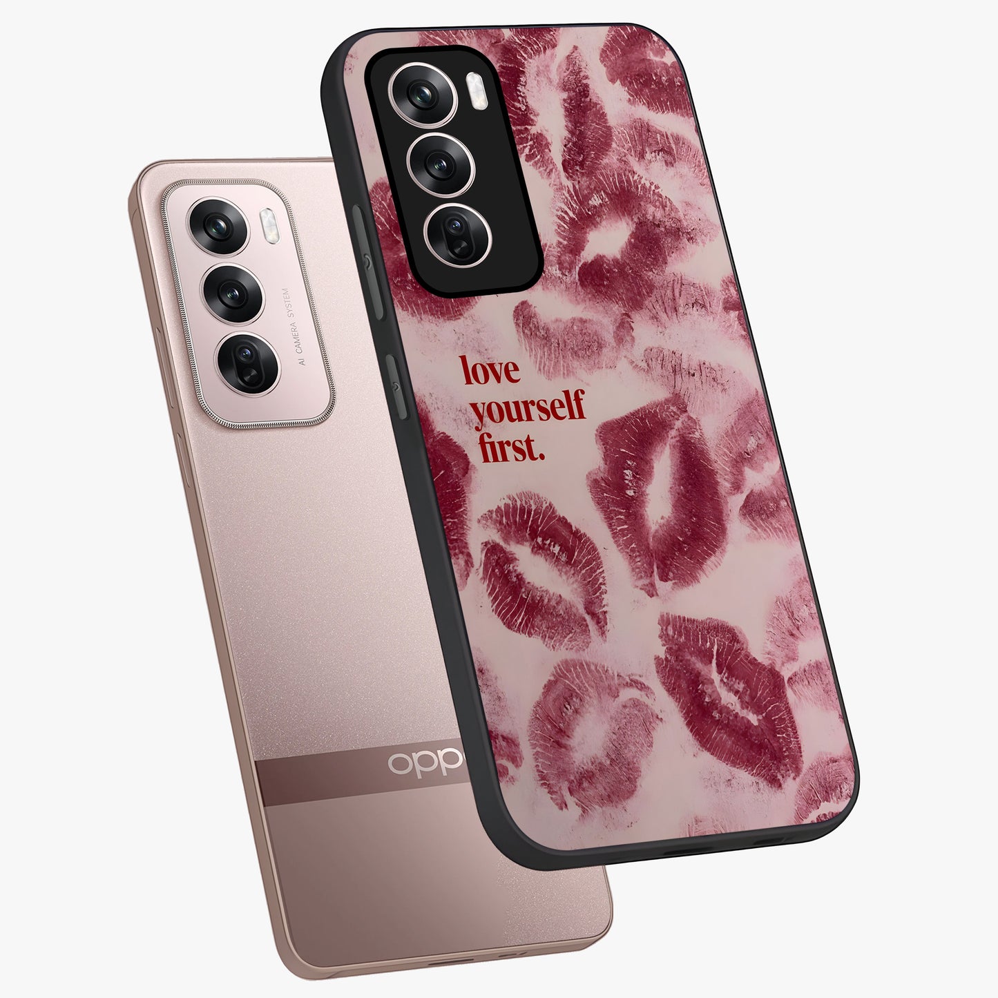 Crimson Kiss Love Glass Case displayed in angled mockup highlighting bold love inspired design with modern aesthetic style.