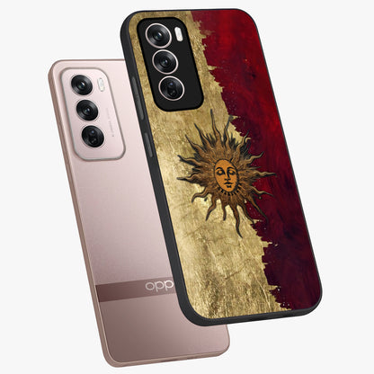 Crimson Sun Majesty Glass Case displayed in angled mockup highlighting majestic crimson sun design with bold aesthetic style.