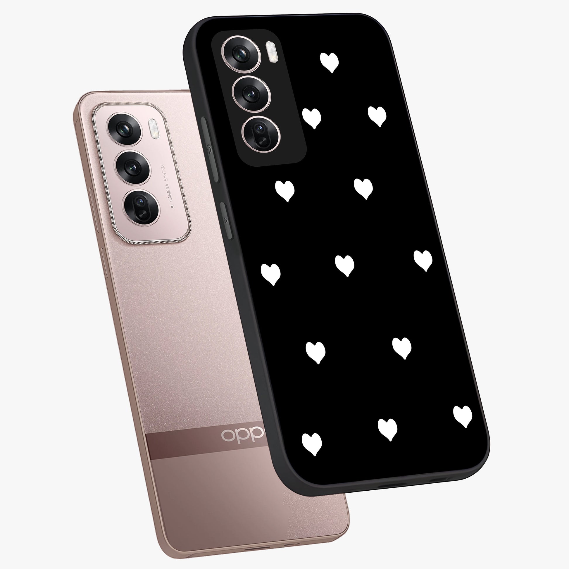 Cute And Simple White Hearts Glass Case displayed in angled mockup highlighting cute heart design with clean aesthetic style.