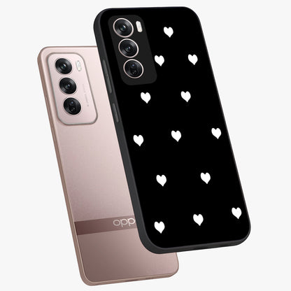 Cute And Simple White Hearts Glass Case displayed in angled mockup highlighting cute heart design with clean aesthetic style.