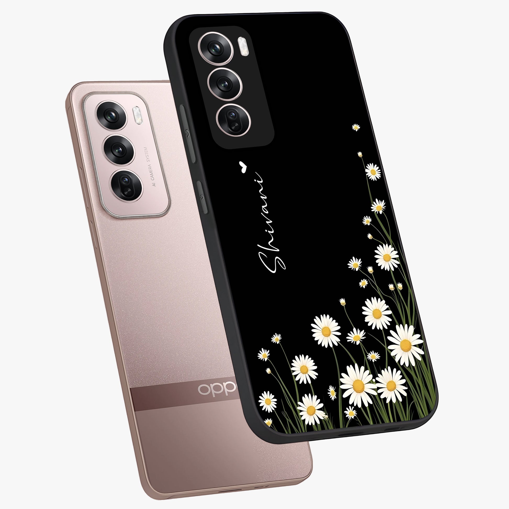 Daisy Cascade Custom Name Glass Case displayed in angled mockup highlighting delicate daisy artwork with custom name feature.
