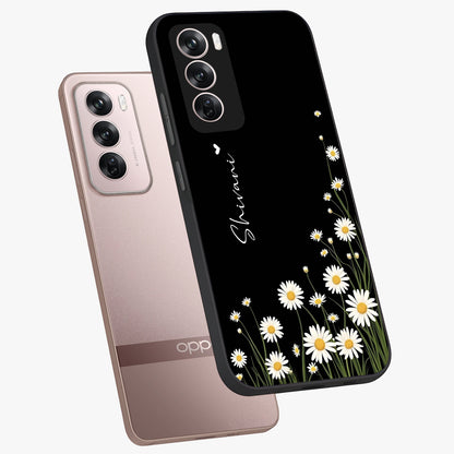 Daisy Cascade Custom Name Glass Case displayed in angled mockup highlighting delicate daisy artwork with custom name feature.
