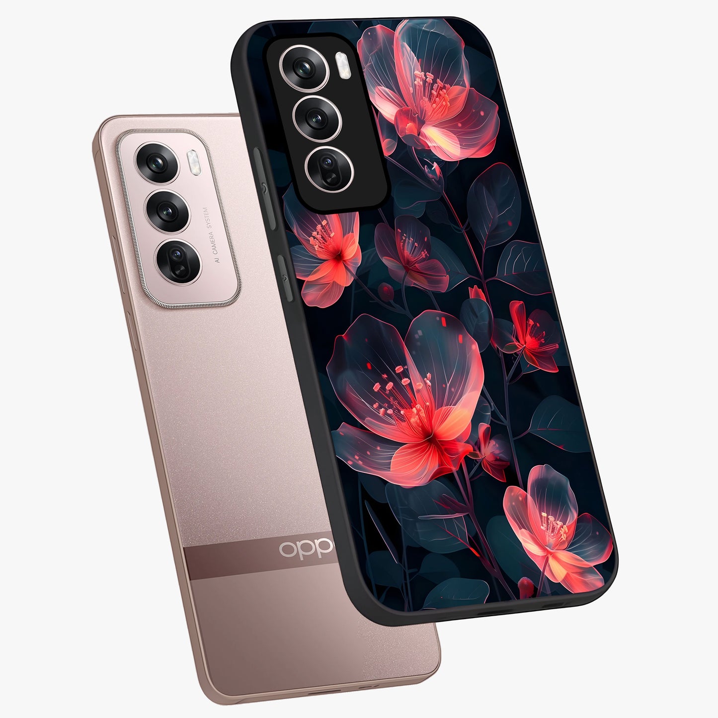 Dark Shade of Flower Glass Case displayed in angled mockup highlighting moody floral illustration with aesthetic dark tones.