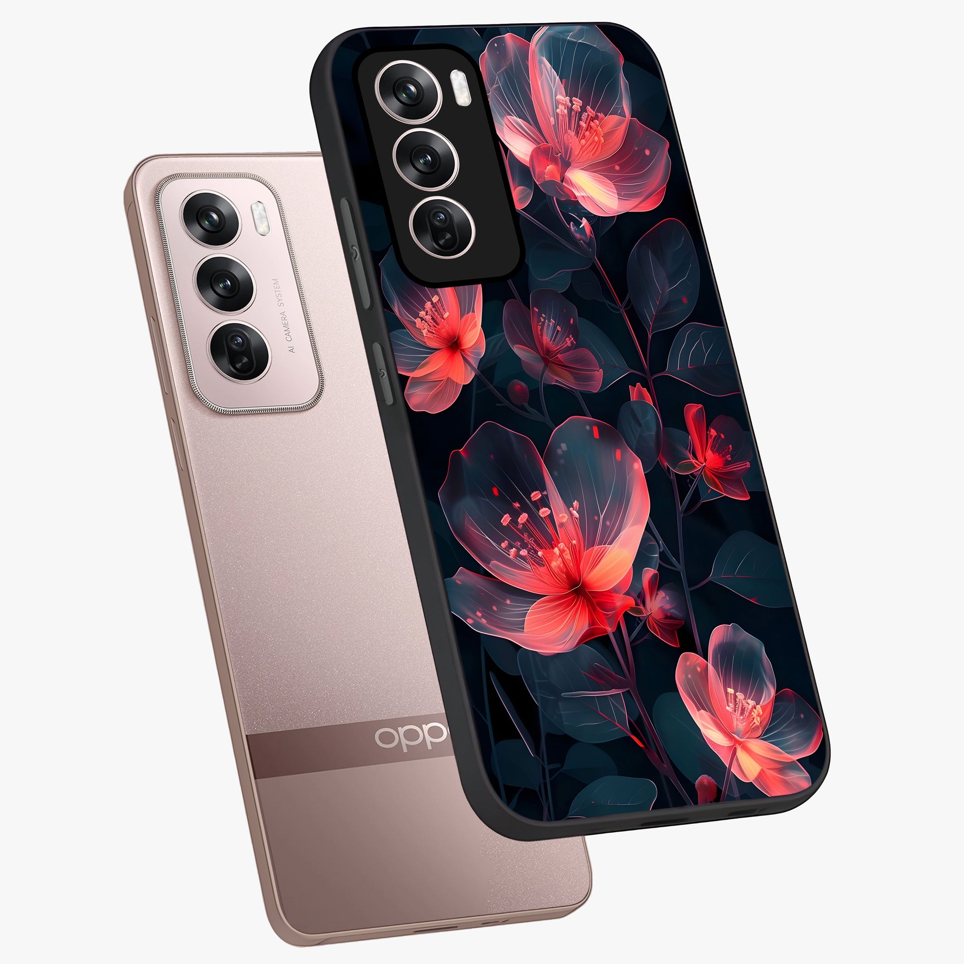 Dark Shade of Flower Glass Case displayed in angled mockup highlighting moody floral illustration with aesthetic dark tones.