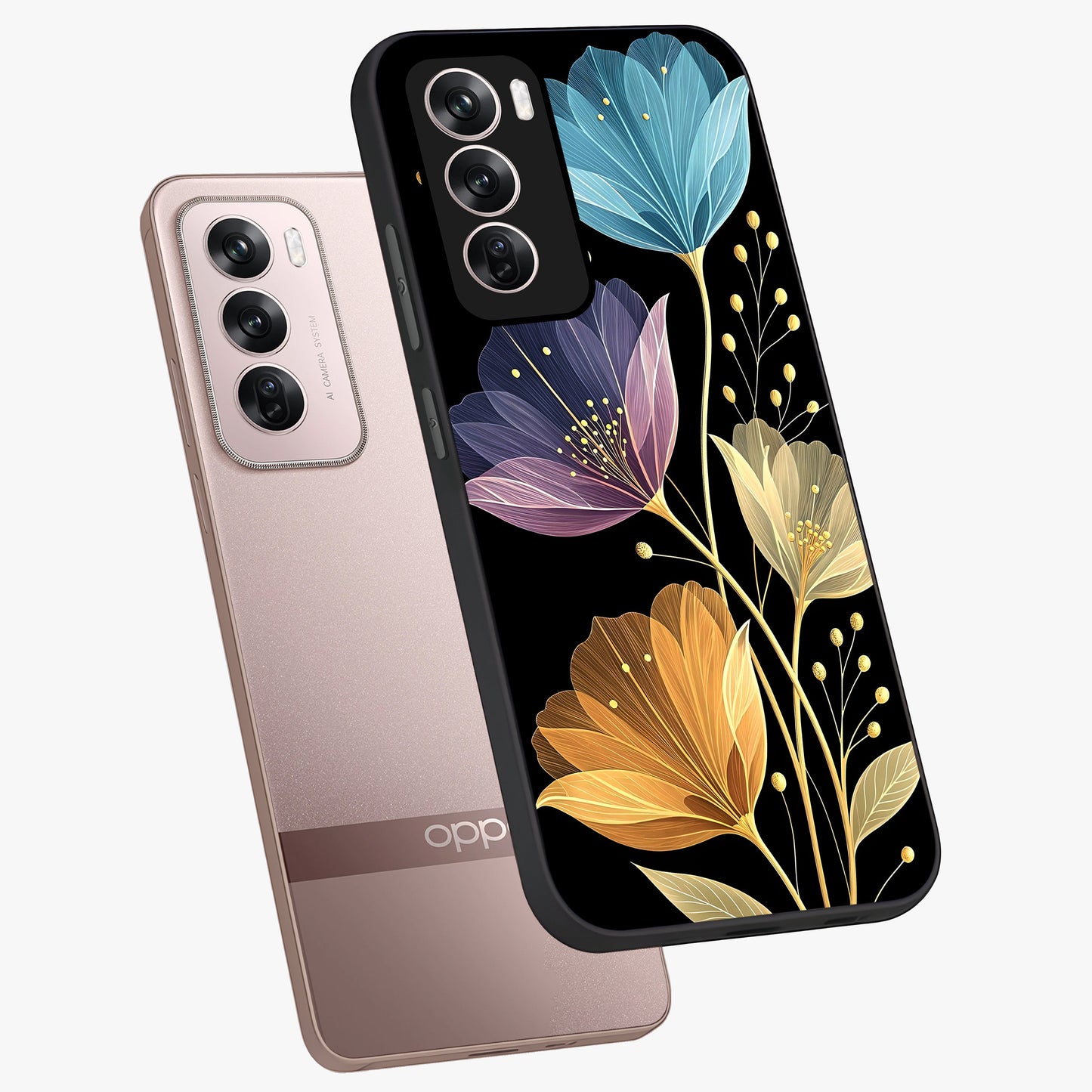 Delicate Multicolor Flowers Glass Case displayed in angled mockup highlighting colorful flower pattern with soft aesthetic style.
