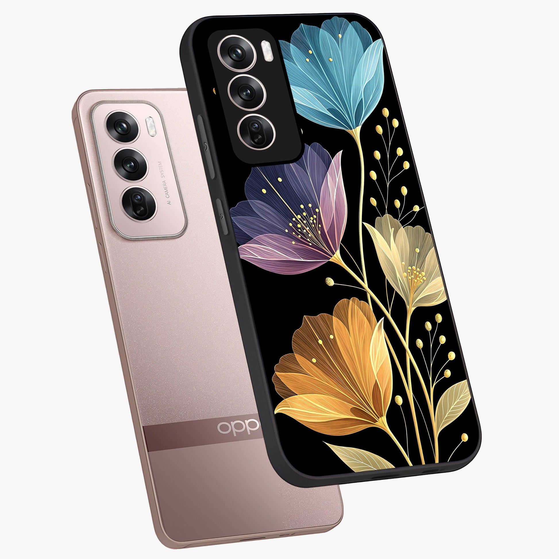 Delicate Multicolor Flowers Glass Case displayed in angled mockup highlighting colorful flower pattern with soft aesthetic style.