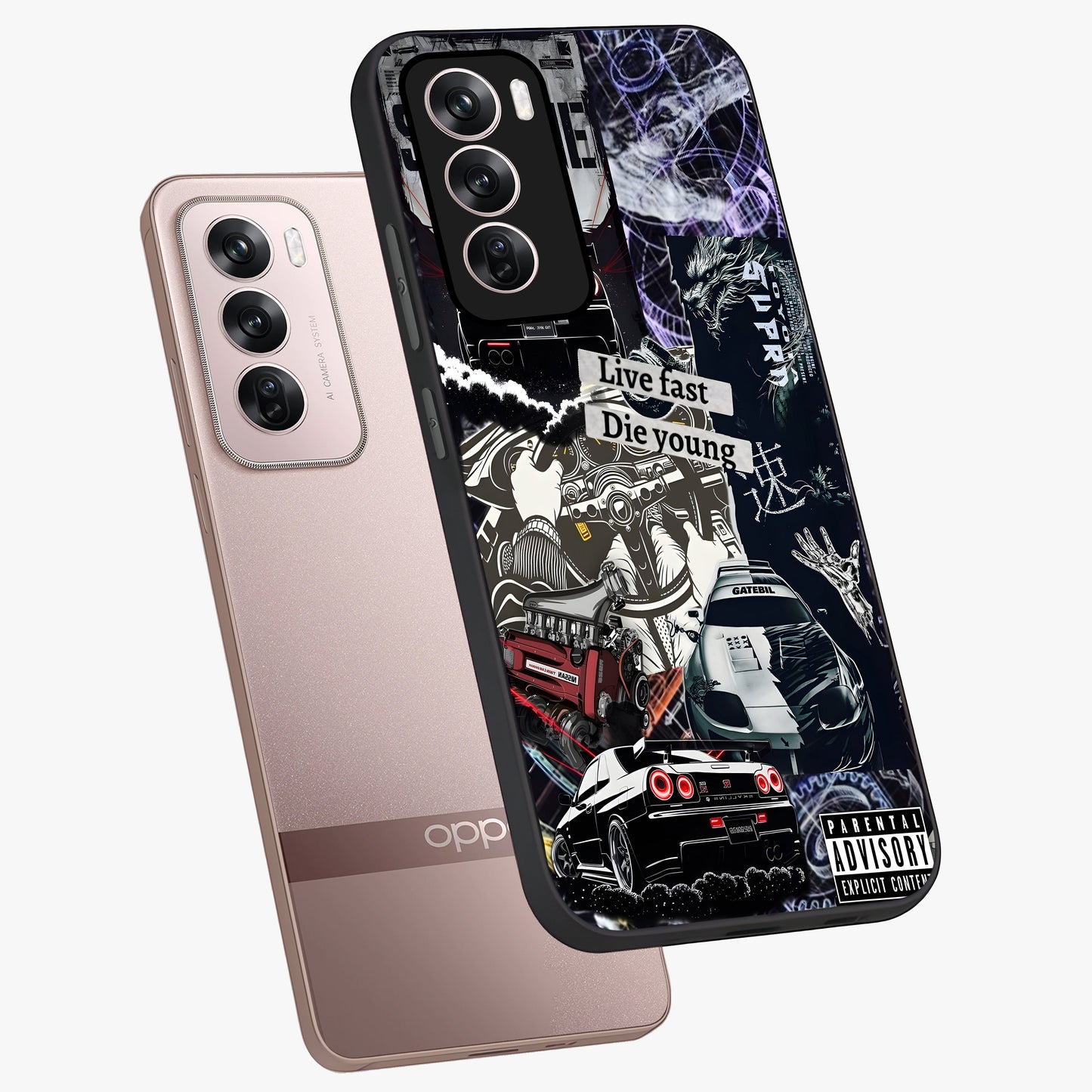 Die Young Glass Case displayed in angled mockup highlighting expressive graphic artwork with edgy aesthetic style.