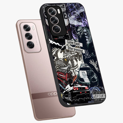 Die Young Glass Case displayed in angled mockup highlighting expressive graphic artwork with edgy aesthetic style.