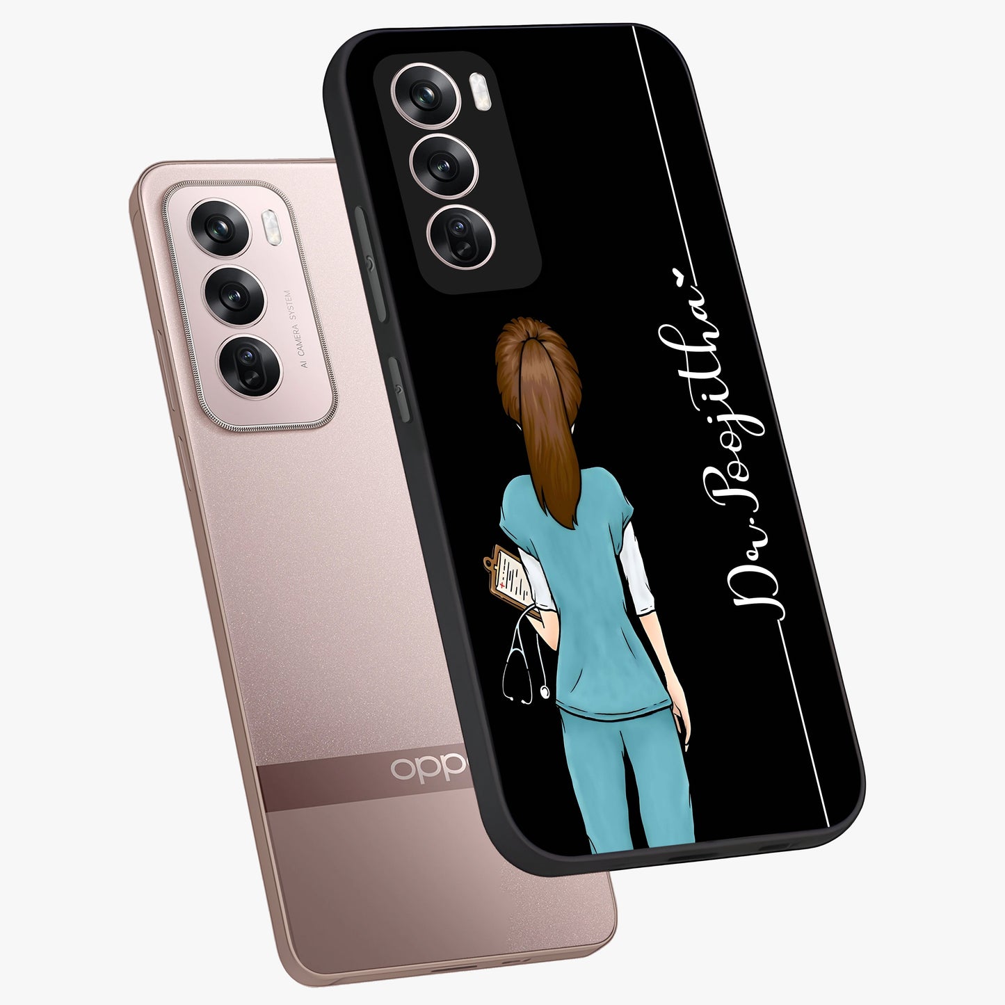 Doctor Pattern Custom Name Glass Case displayed in angled mockup highlighting doctor inspired artwork with custom name feature.