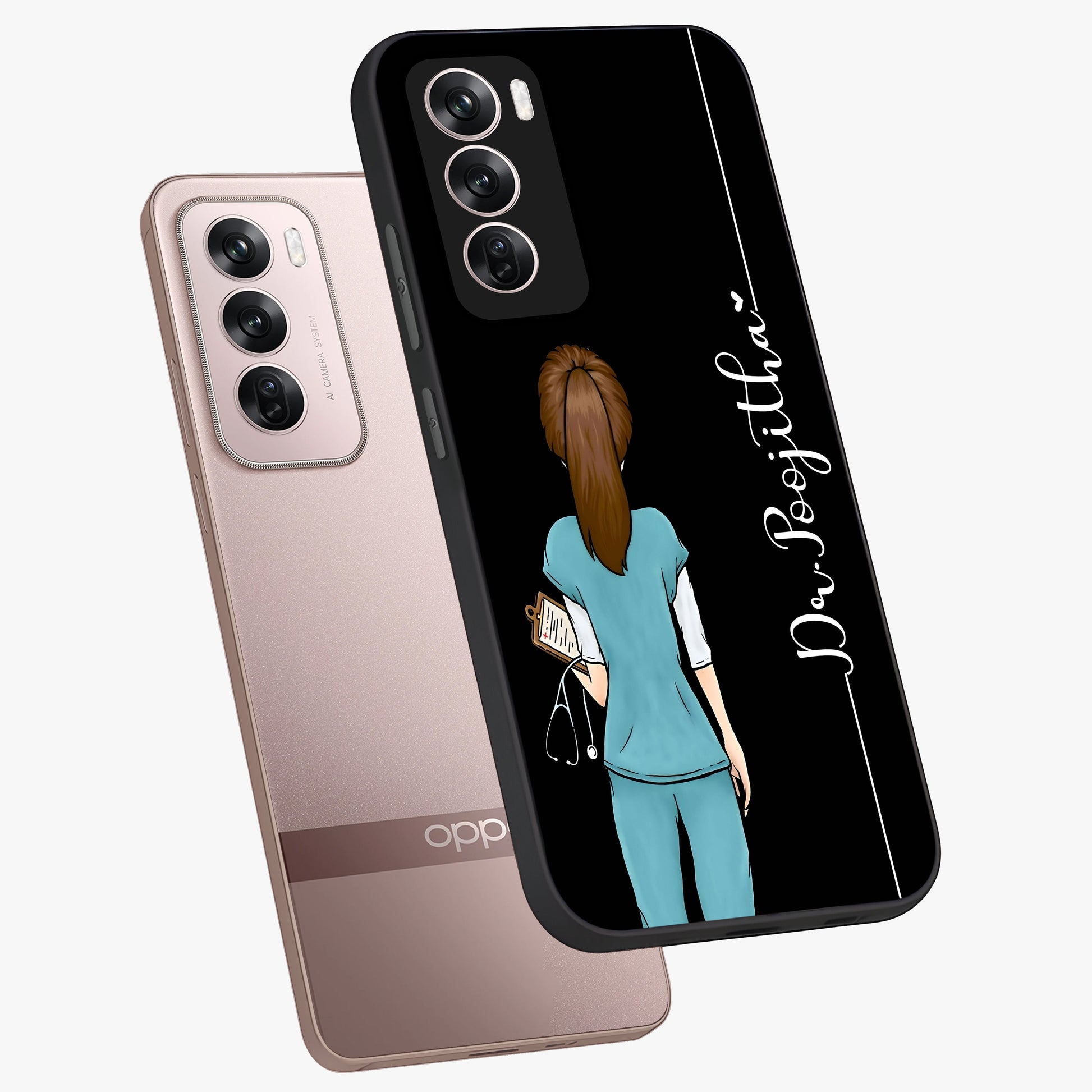 Doctor Pattern Custom Name Glass Case displayed in angled mockup highlighting doctor inspired artwork with custom name feature.