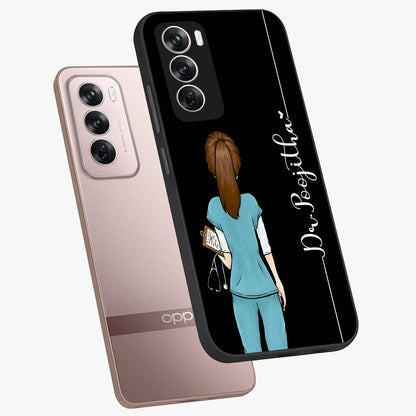 Doctor Pattern Custom Name Glass Case displayed in angled mockup highlighting doctor inspired artwork with custom name feature.